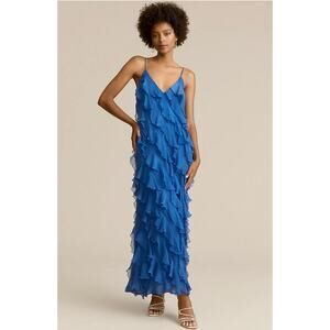 BHLDN Dress 10 Jia Bias Cut Ruffled Gown Chiffon Maxi Blue Wedding Bridesmaid